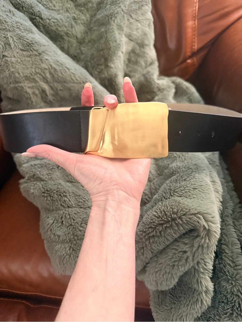 Chico’s Black Wide Statement Belt Brushed Gold Buckle M/L